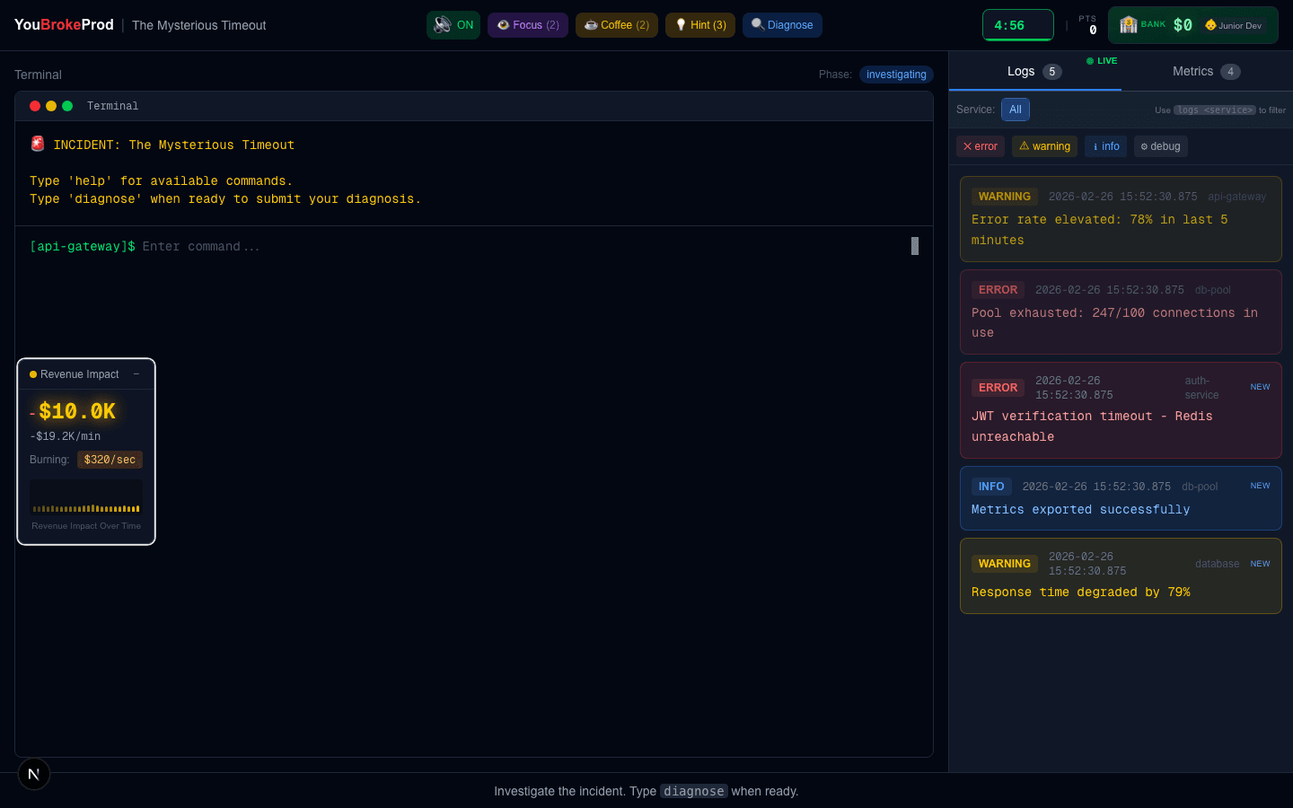 YouBrokeProd game interface showing a database connection pool incident with terminal, logs, and metrics